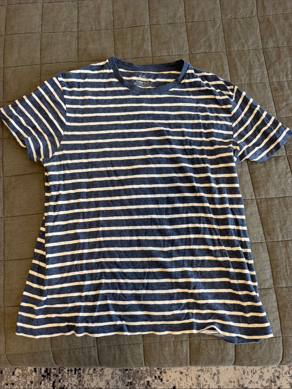J.crew Men's Navy and White Striped Crewneck T-Shirt